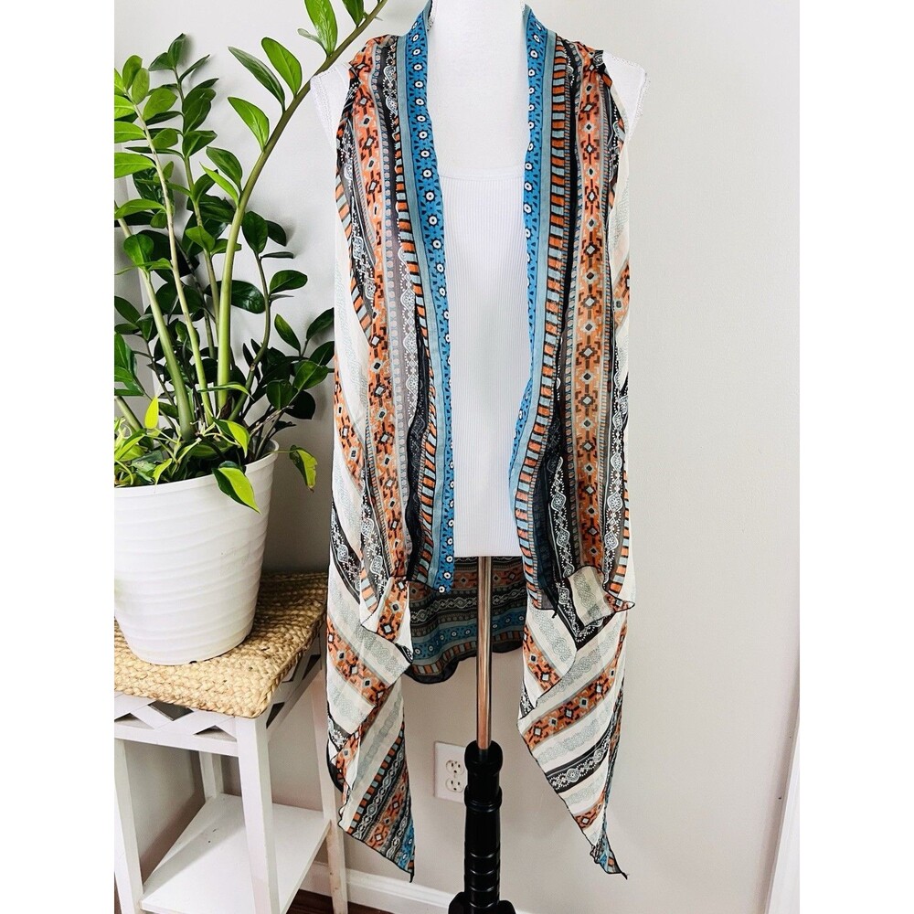 Boho Paisley Printed Chiffon Vest Open Front Flyaway Cardigan Kimono Blue Cream
